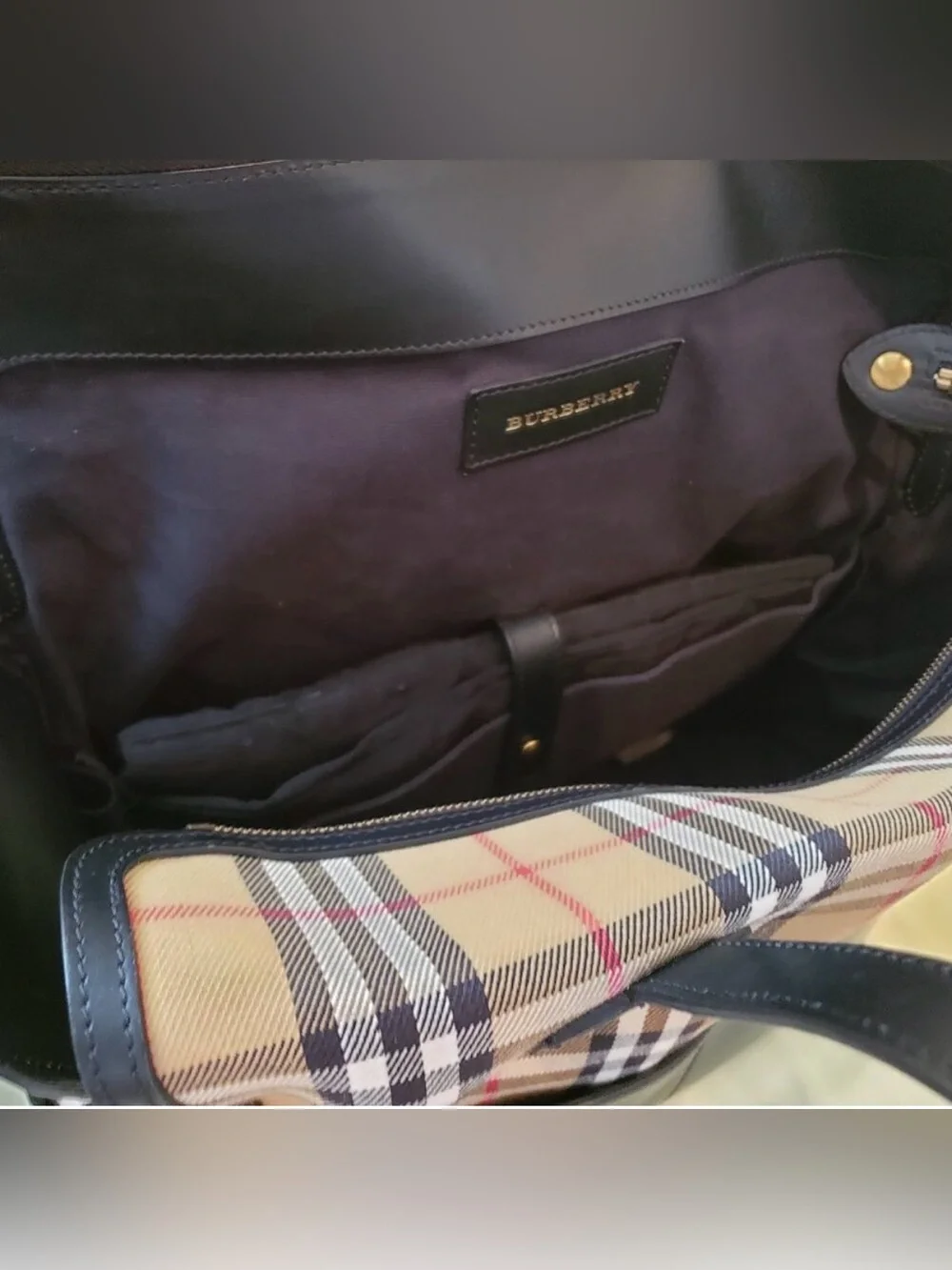 Burberry Black Leather and Beige Checked Duffel Bag